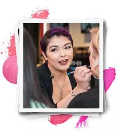 Stack of photos with top photo showing makeup artist with purple hair applying makeup to someone