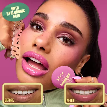 model holding Smushy SOS. Also displays before and after of a pair of lips after applying Smushy SOS