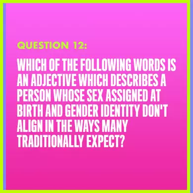 Question 12: WHICH OF THE FOLLOWING WORDS IS AN ADJECTIVE DESCRIBING A PERSON WHOSE SEX ASSIGNED AT BIRTH AND GENDER IDENTITY DON'T ALIGN IN THE WAYS MANY TRADTIONALLY EXPECT?
