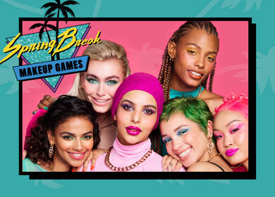 Banner with "Spring Break Makeup Games" logo featuring a retro design, palm trees, and text reading "Hot Looks," "Hot Pigments," and "Hot Torture Tests" on a pink background.