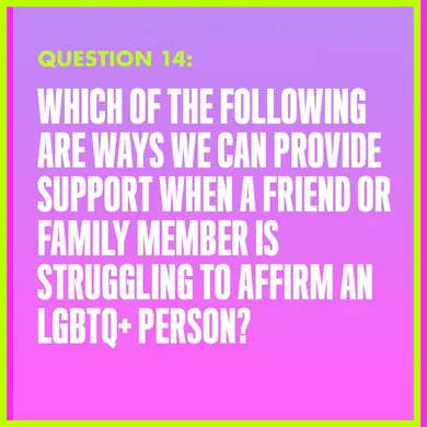 Question 14: WHICH OF THE FOLLOWING ARE WAYS WE CAN PROVIDE SUPPORT WHEN A FRIEND OR FAMILY MEMBER IS STRUGGLING TO AFFIRM AN LGBTQ+ PERSON?
