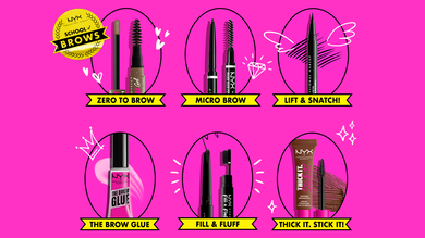 NYX Cosmetics' School Brows Makeup collection products against hot pink background
