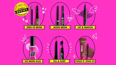 NYX Cosmetics' School Brows Makeup collection products against hot pink background